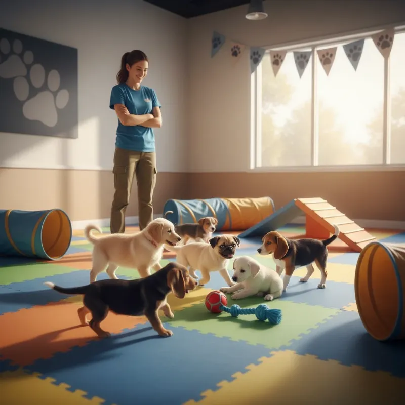 A diverse group of puppies playing and learning in a safe, clean puppy training class in Plant City, with a trainer observing. This illustrates the importance of early dog training.