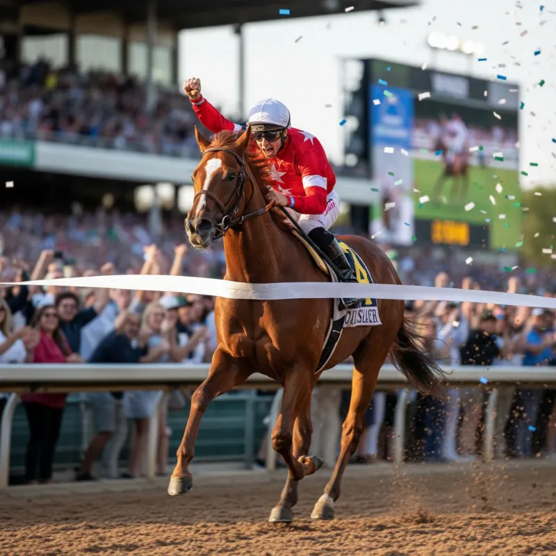 A dramatic shot of a racehorse, representing Dream Alliance, crossing the finish line victorious, with the jockey raising a fist in triumph. The crowd is a blur in the background, emphasizing the horse's incredible achievement and comeback.