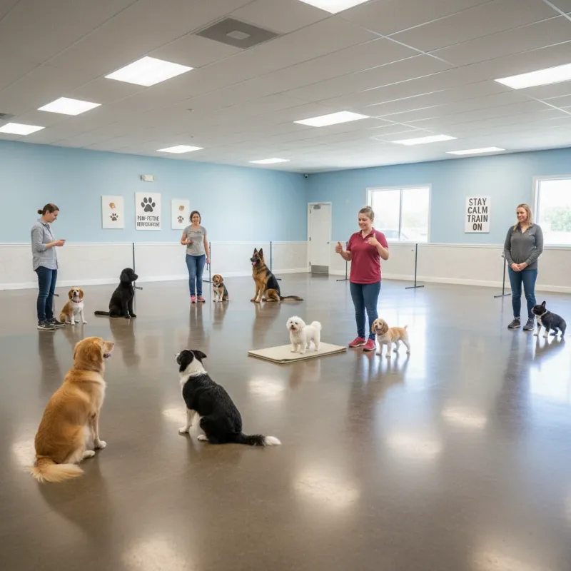 A diverse group of dogs and their owners participating in a group obedience class, showcasing the community aspect of dog training in Racine WI.