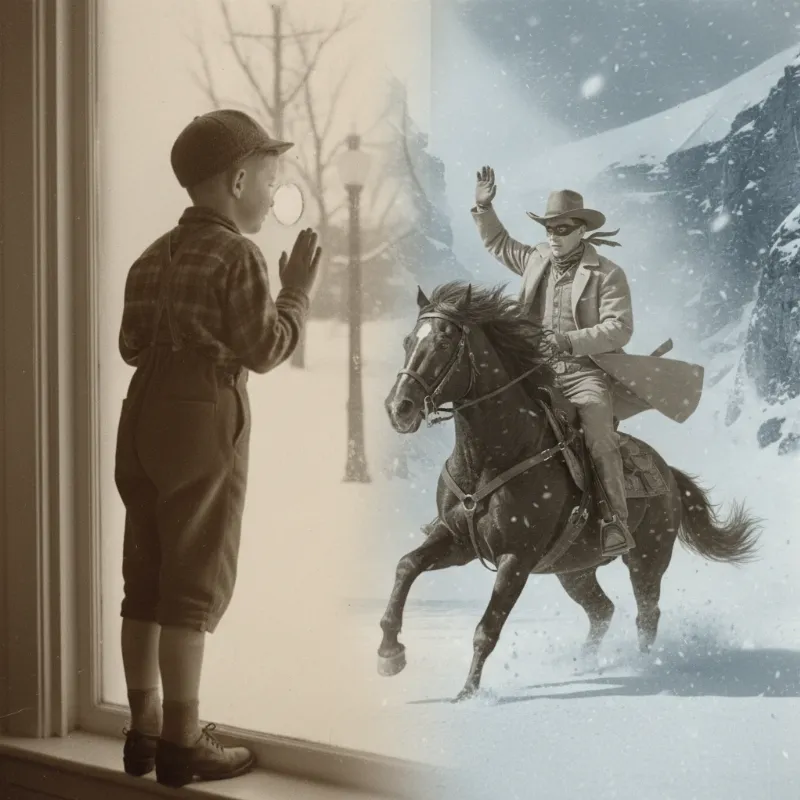 A stylized image of a young boy in the 1940s, like Ralphie Parker from A Christmas Story, daydreaming about riding a majestic horse named Victor, capturing the essence of the lone ranger's nephew's horse christmas story.