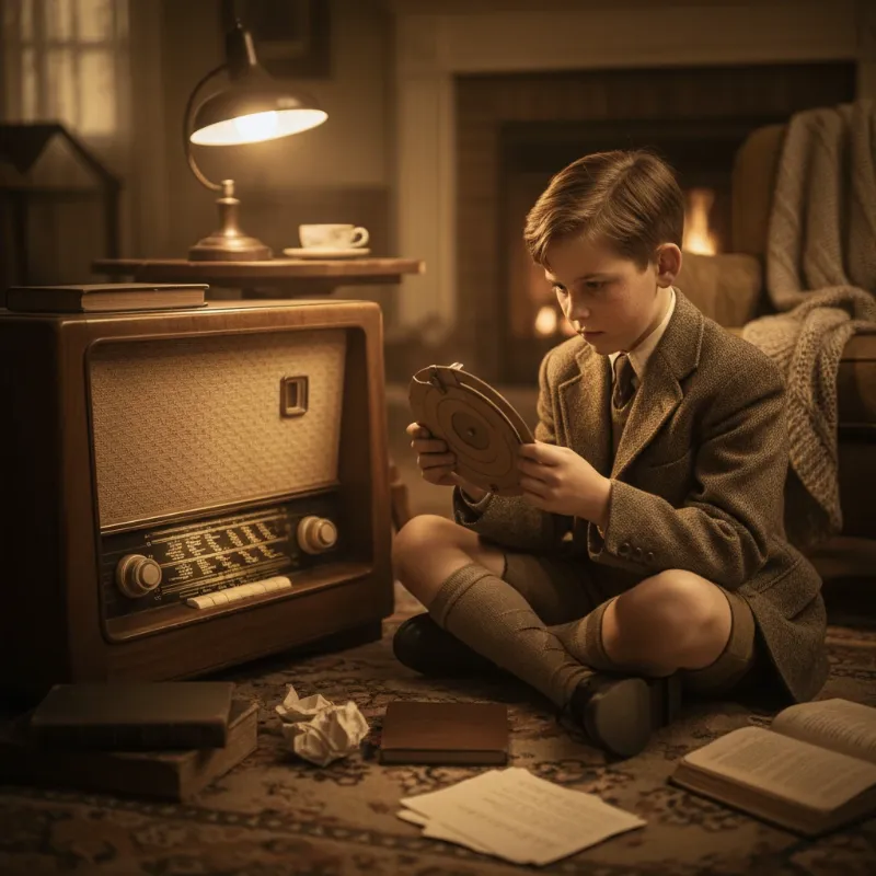 An image showing a young boy like Ralphie Parker from A Christmas Story focused on decoding a message with his secret pin, referencing the Lone Ranger's nephew's horse.
