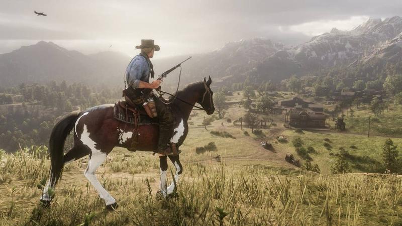 An artistic illustration of the four horse stats in RDR2—Health, Stamina, Speed, and Acceleration—with iconic imagery from the game in the background.