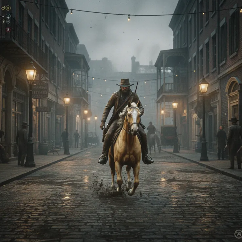 A player riding a powerful Gold Turkoman, representing the elite tier of all horses in RDR2 story, through the bustling streets of Saint Denis at dusk.