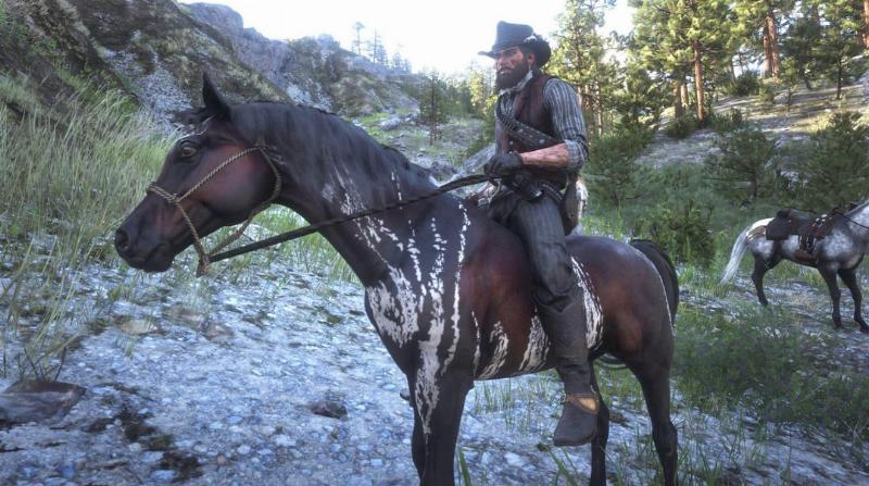 A detailed shot of the unique Warped Brindle Arabian, one of the red dead redemption 2 new horses story mode players can find, standing near a river in the wilderness.
