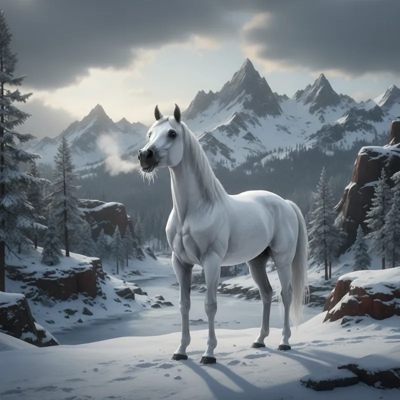 The legendary White Arabian, one of all horses in RDR2 story mode, stands majestically in the snowy landscape near Lake Isabella.