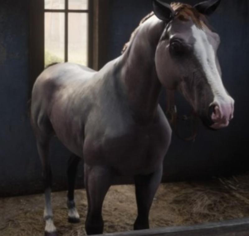 The legendary white Arabian horse standing majestically in the snowy landscape near Lake Isabella, a top contender for the rdr2 best horse story mode.
