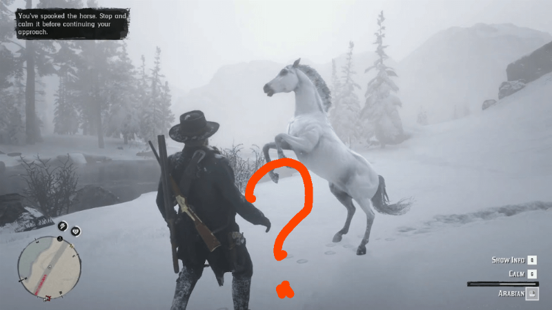 The stunning White Arabian horse standing near the frozen Lake Isabella, a prime example of the best horse in RDR2 story location.