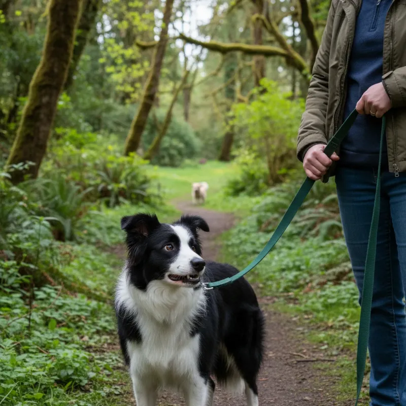 A dog wearing a harness looking stressed as another dog walks by in a Portland park, with the owner holding the leash tightly, illustrating a common reactive dog scenario.