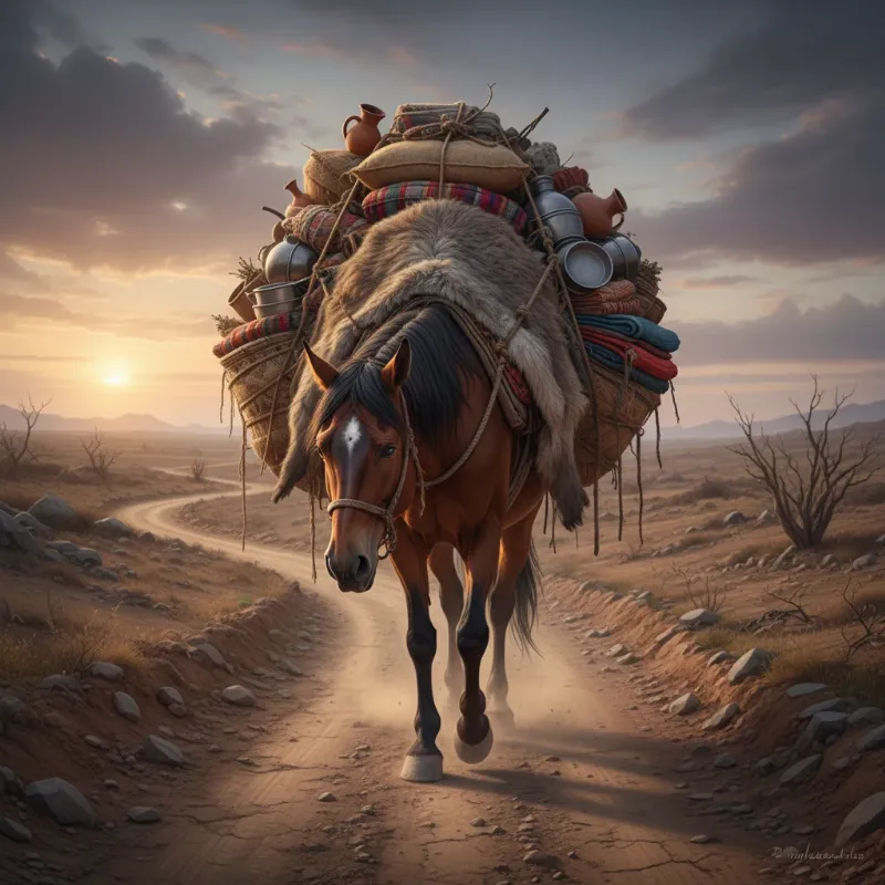 The donkey and the horse story's lesson shown by a regretful horse now carrying the full load