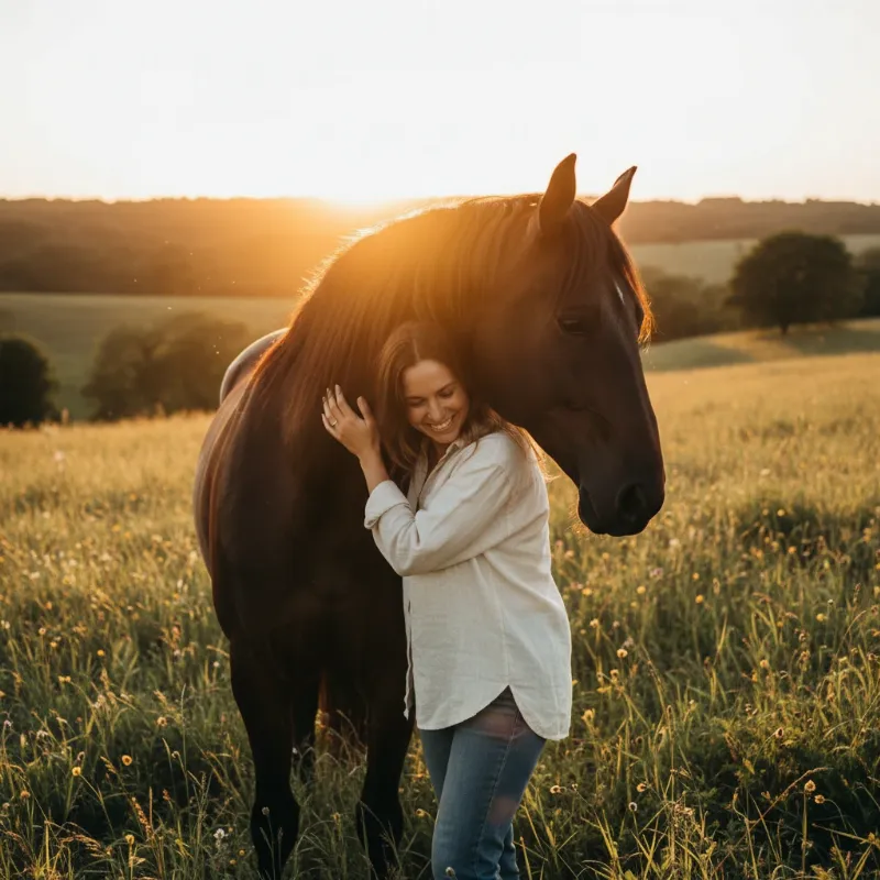 An alt-text describing a happy, healthy horse nuzzling its owner in a beautiful field, symbolizing the successful outcome of amazing horse rescue stories.