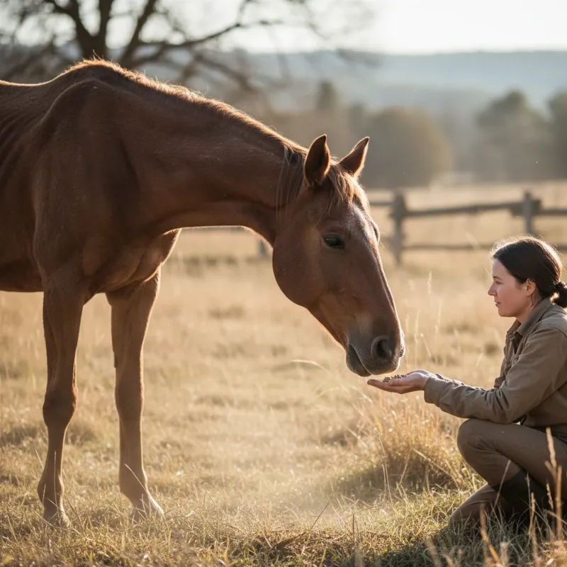 An alt-text describing a thin but hopeful-looking horse gently taking a piece of hay from a person's outstretched hand in a clean, sunny paddock, capturing one of the amazing horse rescue stories.