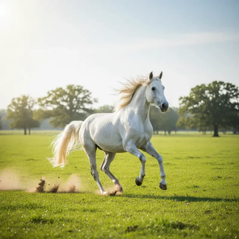 A majestic white horse galloping freely across a vast, lush green meadow under a bright blue sky, symbolizing freedom and recovery.