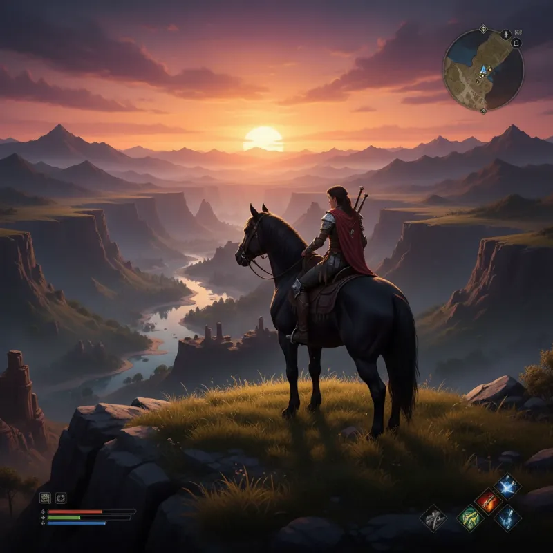 A female rider and her black stallion stand on a cliff at sunset in a visually stunning horse story game.