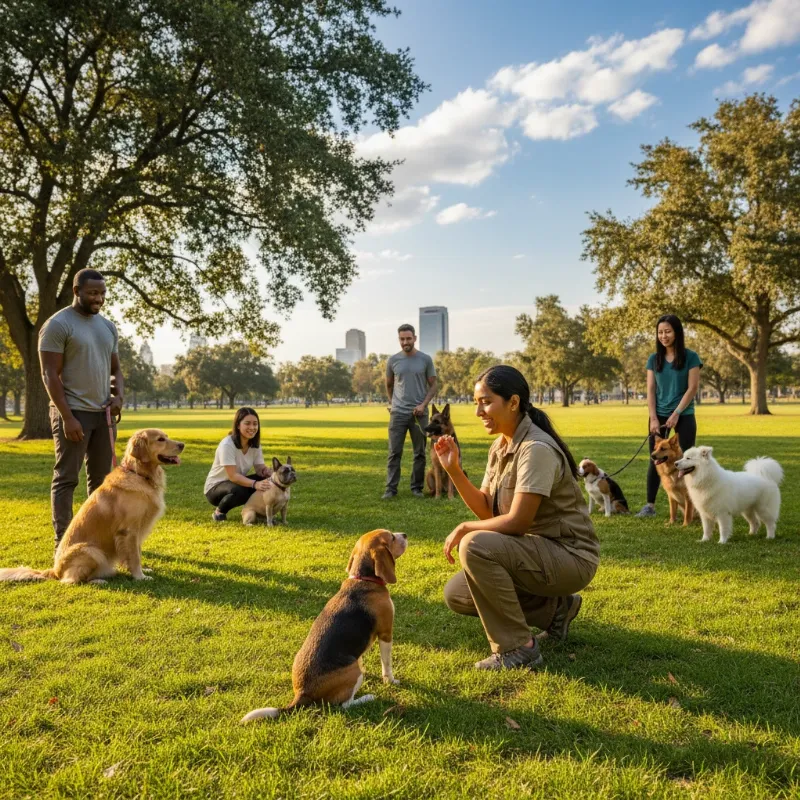 A group of diverse dogs and their owners in an outdoor dog training class in Sacramento with a trainer demonstrating a command. The keyword "dog training classes sacramento" should be subtly integrated.