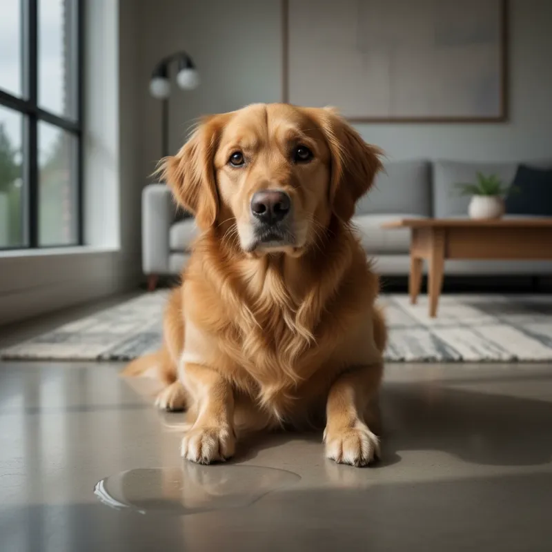 A golden retriever looking apologetic next to a puddle, illustrating a potty training regression dog issue.