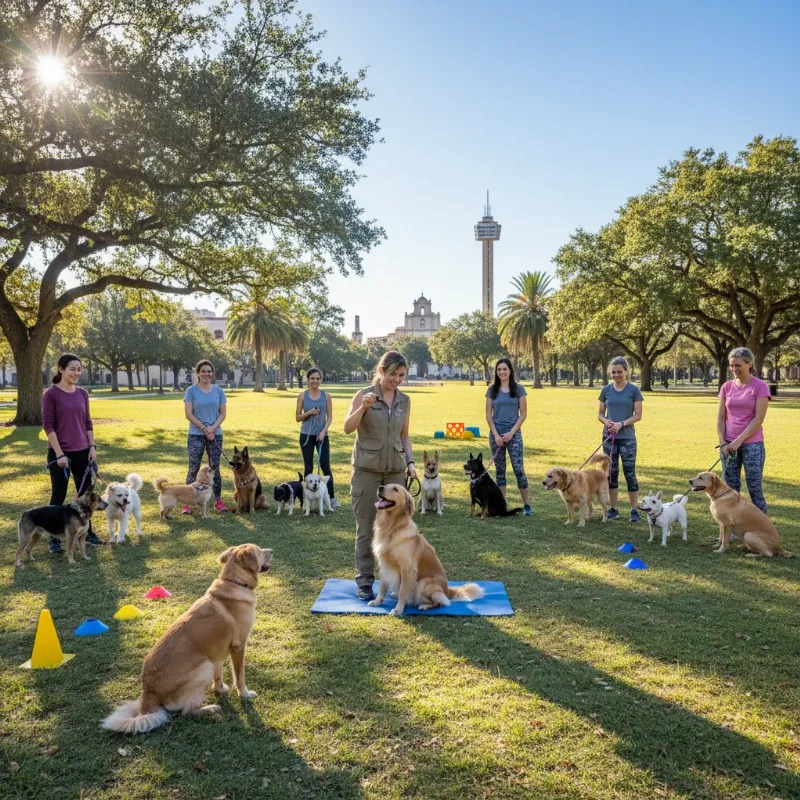 An owner and their golden retriever during a dog training san antonio texas class, focusing on the sit command.