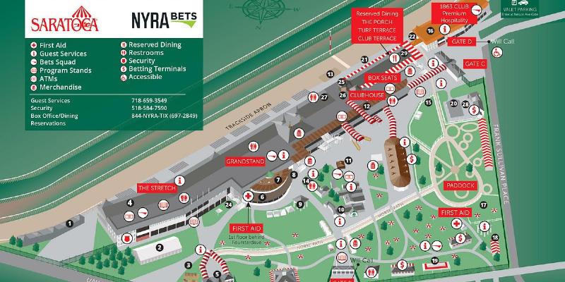 A beautiful view of the paddock area during the Saratoga horse racing season, with well-dressed attendees.