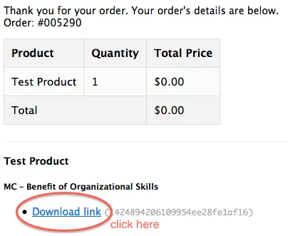 Screenshot of a confirmation email with download links for digital products.