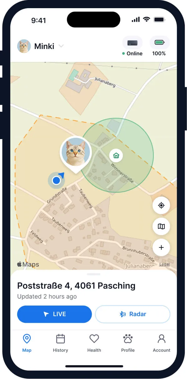Screenshot of the Tractive GPS app's cat territory feature