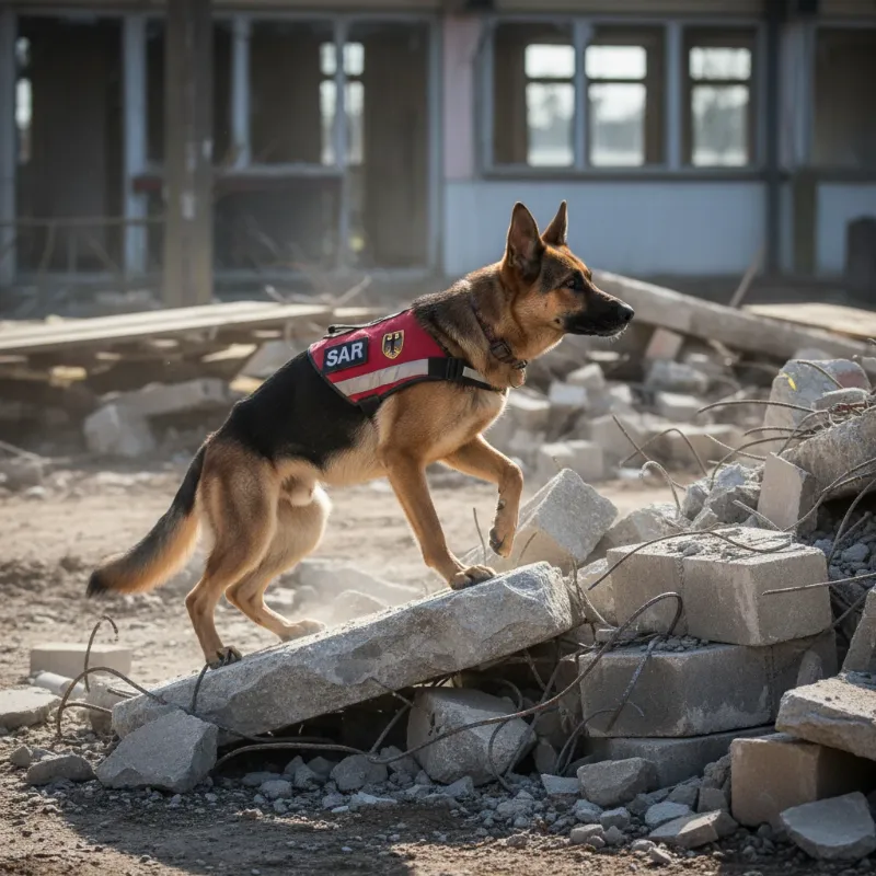 A German Shepherd wearing a search and rescue vest navigates a simulated disaster area during a training exercise.