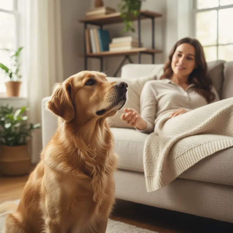 An alert and focused Golden Retriever looking intently at its owner, who is sitting on a couch, showcasing the deep bond and attentiveness required for seizure alert dog training.