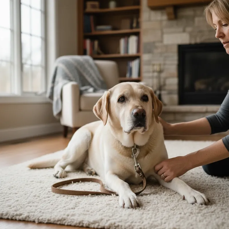 An older, grey-muzzled Labrador Retriever gently placing its paw into its owner's hand, demonstrating that it's never too late to learn.