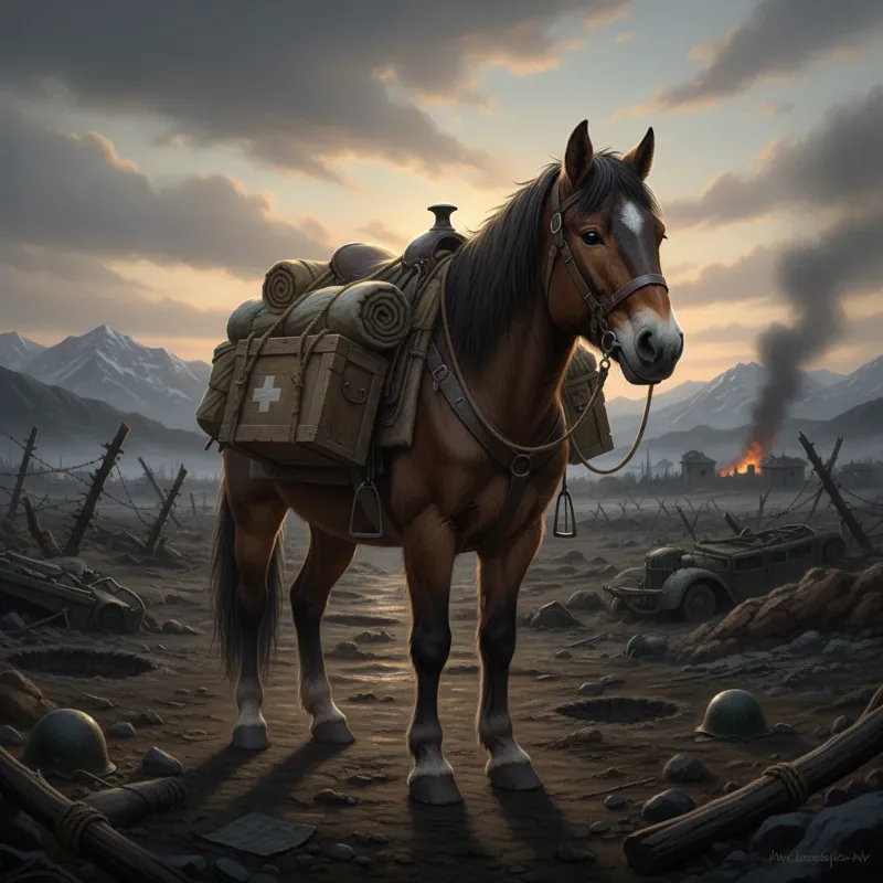 A detailed depiction of Sergeant Reckless, a heroic horse from the Korean War, emphasizing bravery and loyalty.