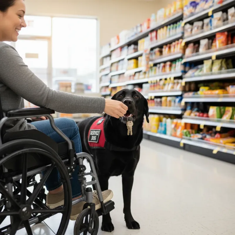 A certified service dog in a vest performing a specific task for its handler in a public setting, illustrating the successful outcome of training.