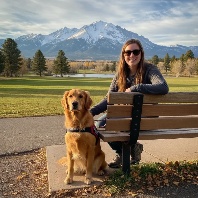 A focused golden retriever wearing a service dog vest during a training session in a Colorado Springs park, showcasing the importance of service dog training colorado springs.