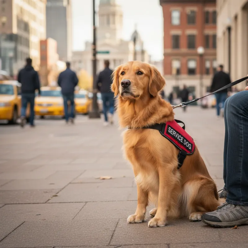 A focused Golden Retriever wearing a red service dog vest sits patiently next to its owner in a bustling Indianapolis park, showcasing the public access skills learned in service dog training Indianapolis.