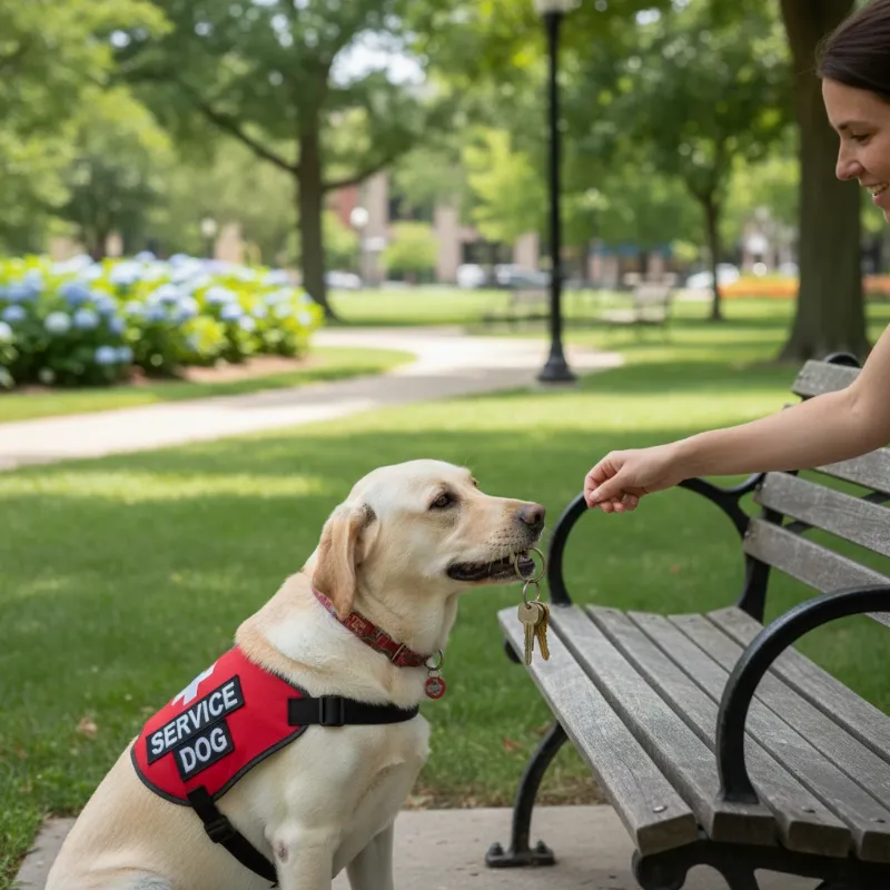A focused Labrador retriever service dog in a vest practices retrieving a specific item for its handler in a Lansing park setting, showcasing advanced task training.
