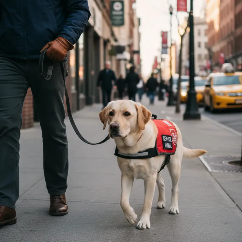 A focused yellow Labrador service dog wearing a red vest, calmly guiding its handler through a busy New Jersey street, showcasing the essence of service dog training new jersey.