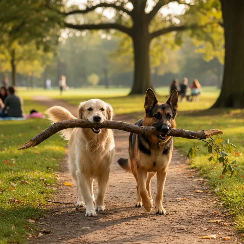 An allegorical image representing the moral of the horse and the donkey story, showing two dogs working together to carry a large stick, symbolizing shared burdens.