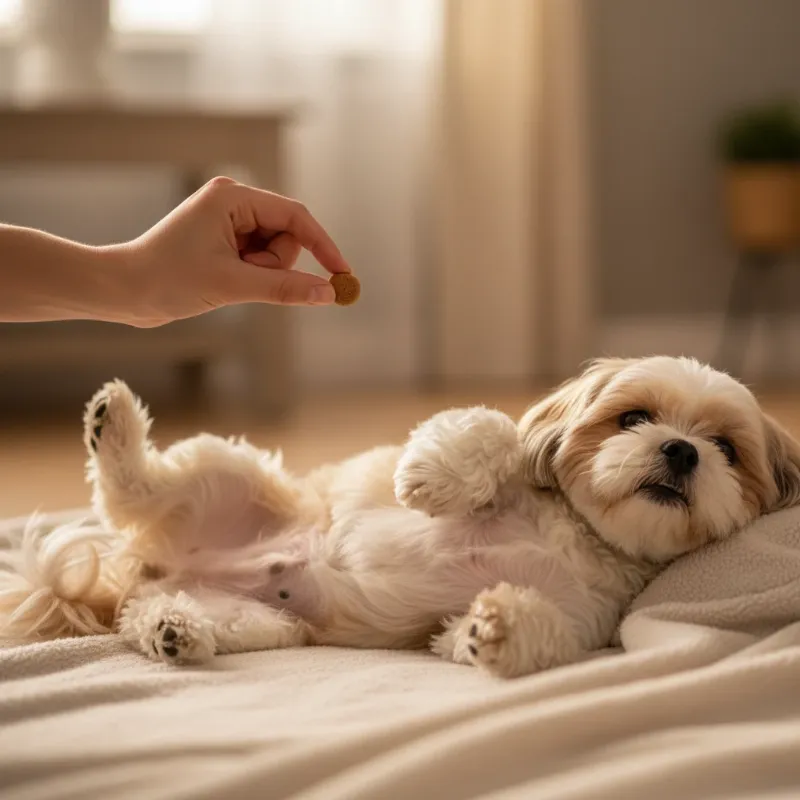 A cute Shih Tzu dog successfully performing a 'play dead' trick on a soft rug, with its owner happily offering a treat as a reward.