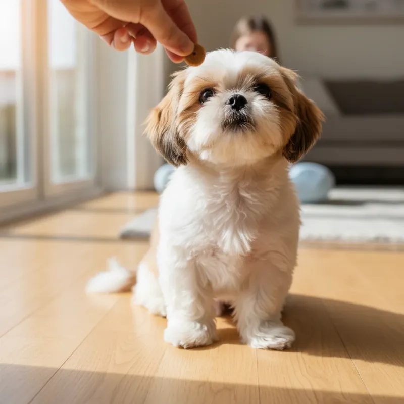 A Shih Tzu puppy successfully performing the 'sit' command for a treat during a positive reinforcement training session, illustrating Shih Tzu dog training in action.