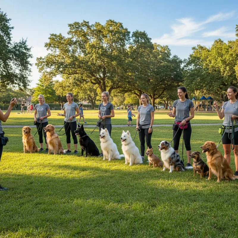 A diverse group of dogs of various breeds and sizes practicing the 'sit' command with their owners in a sunny park in South Orange County during a Sit Means Sit group class.
