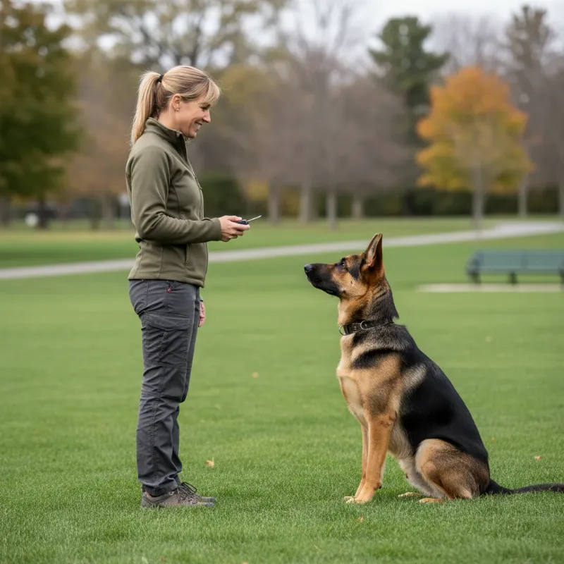 A professional dog trainer in New Jersey demonstrating a sit command to an attentive German Shepherd in a park setting, showcasing the Sit Means Sit dog training method.