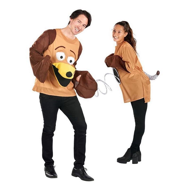 Slinky Dog costume for adults, featuring an orange jumpsuit with a spring-like design and a separate headpiece.