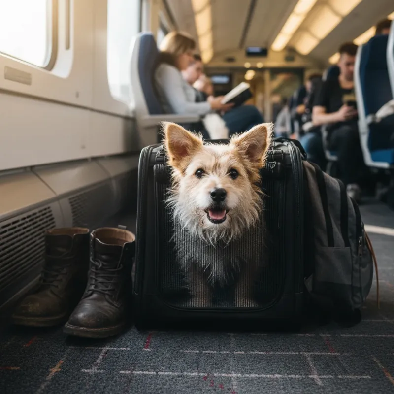 A small terrier mix peeking its head out of a soft-sided travel carrier placed on the floor of a train, illustrating the answer to "can you take dogs on trains".