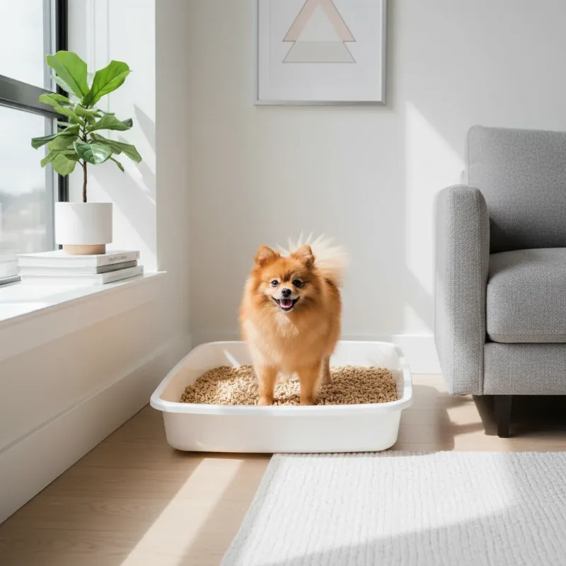 A small, happy dog successfully using its indoor litter pan, a key goal when you train a dog to use a litter box