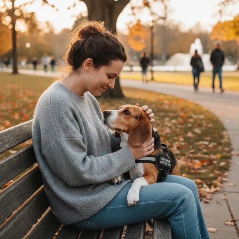 A heartwarming emotional support dog story featuring a smaller breed, like a beagle, looking up attentively at its owner in a sunny park.