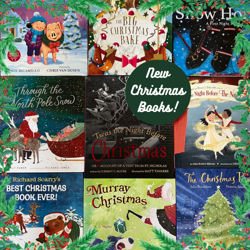 A detailed depiction of the "Snow Horses: A First Night Story," showing two black Percheron horses pulling a sleigh full of happy children through a snowy town decorated with New Year's lights.