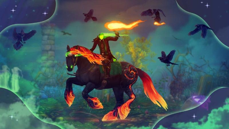 A terrifying spectral horse with glowing eyes emerging from a misty, dark lake at night, representing the legend of the Kelpie and other horse scary stories.