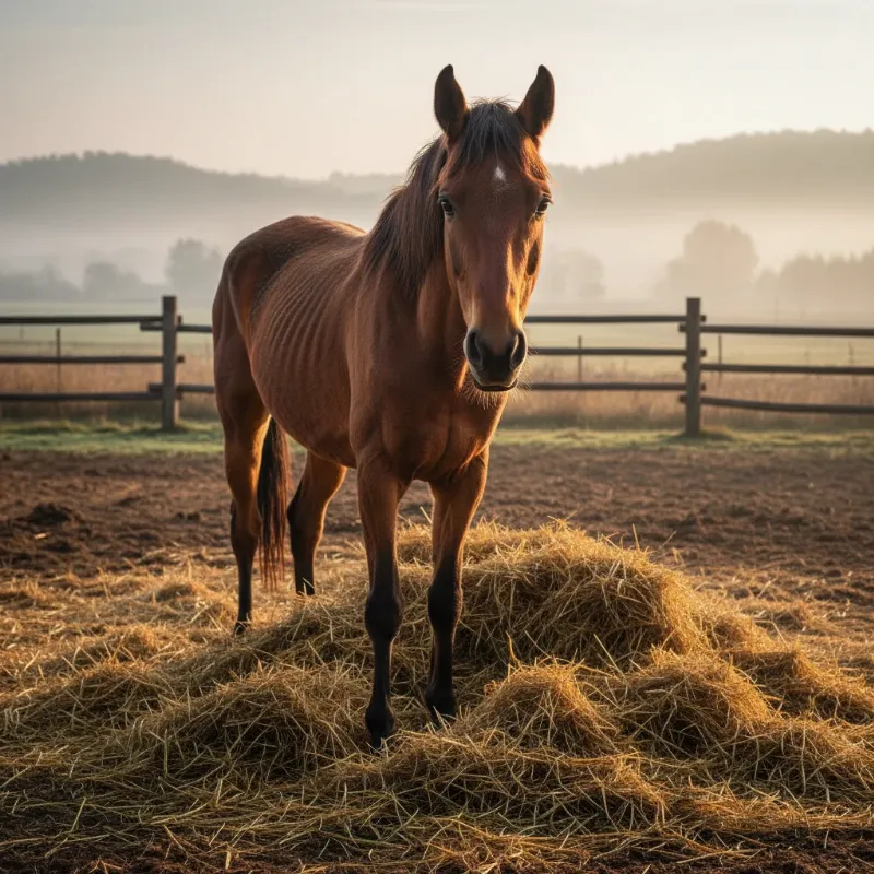 An alt-text for an image showing a malnourished but hopeful-looking horse in a clean rescue sanctuary paddock, representing the start of its recovery journey in horse rescue stories.