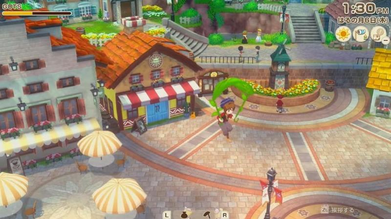 A player character in Story of Seasons: Grand Bazaar looking excited as they receive a friendly brown horse from an NPC.