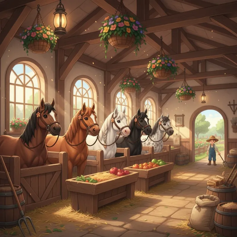 A lineup of different story of seasons horse colors available in the game, shown inside a rustic stable.