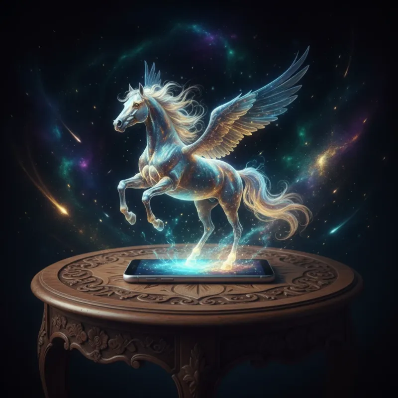 A magical, glowing horse leaping out of a smartphone screen, with a fantasy landscape background, symbolizing the immersive nature of a horse story app.