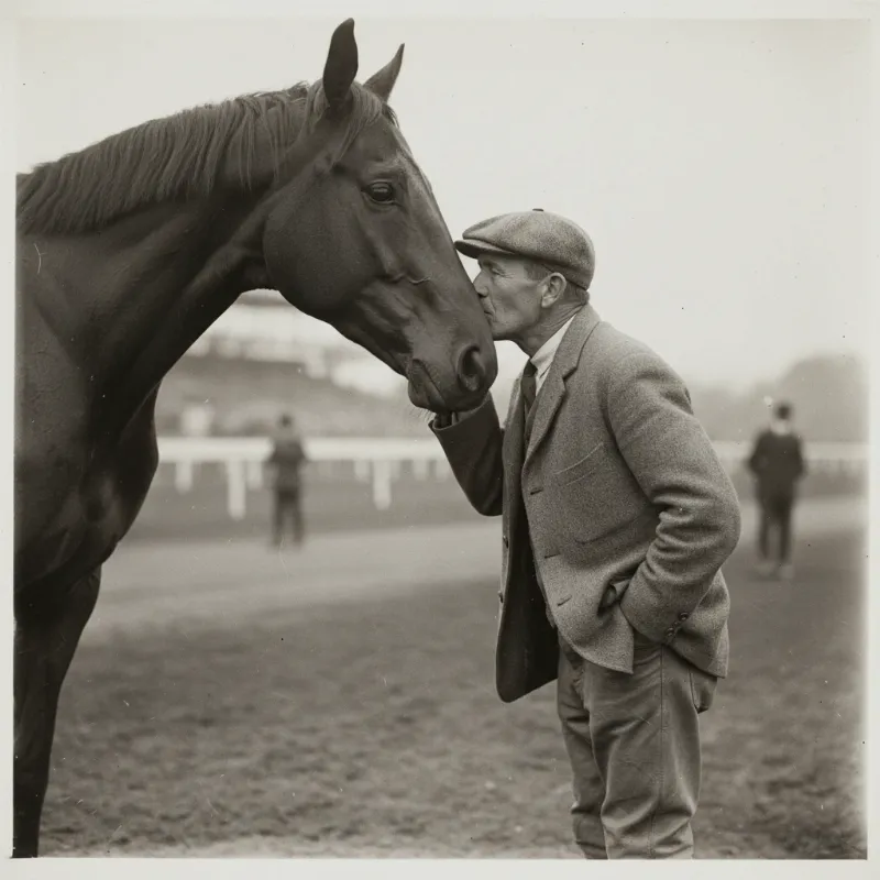 An alt-text describing an old story coming straight from the horses mouth, perhaps a vintage photo of a trainer and a horse.