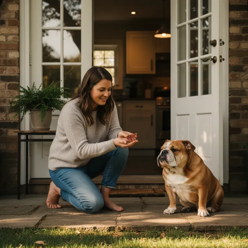 A frustrated but loving dog owner trying to teach their stubborn bulldog how to house train, using treats as a reward.