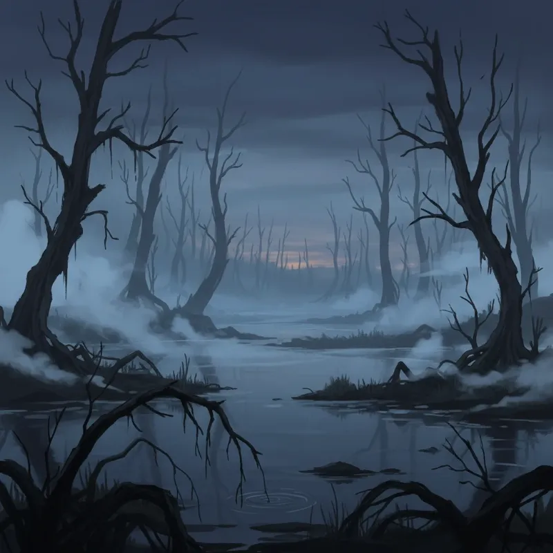 A conceptual image representing the Swamp of Sadness, with a lone figure wading through murky water under a gloomy sky.
